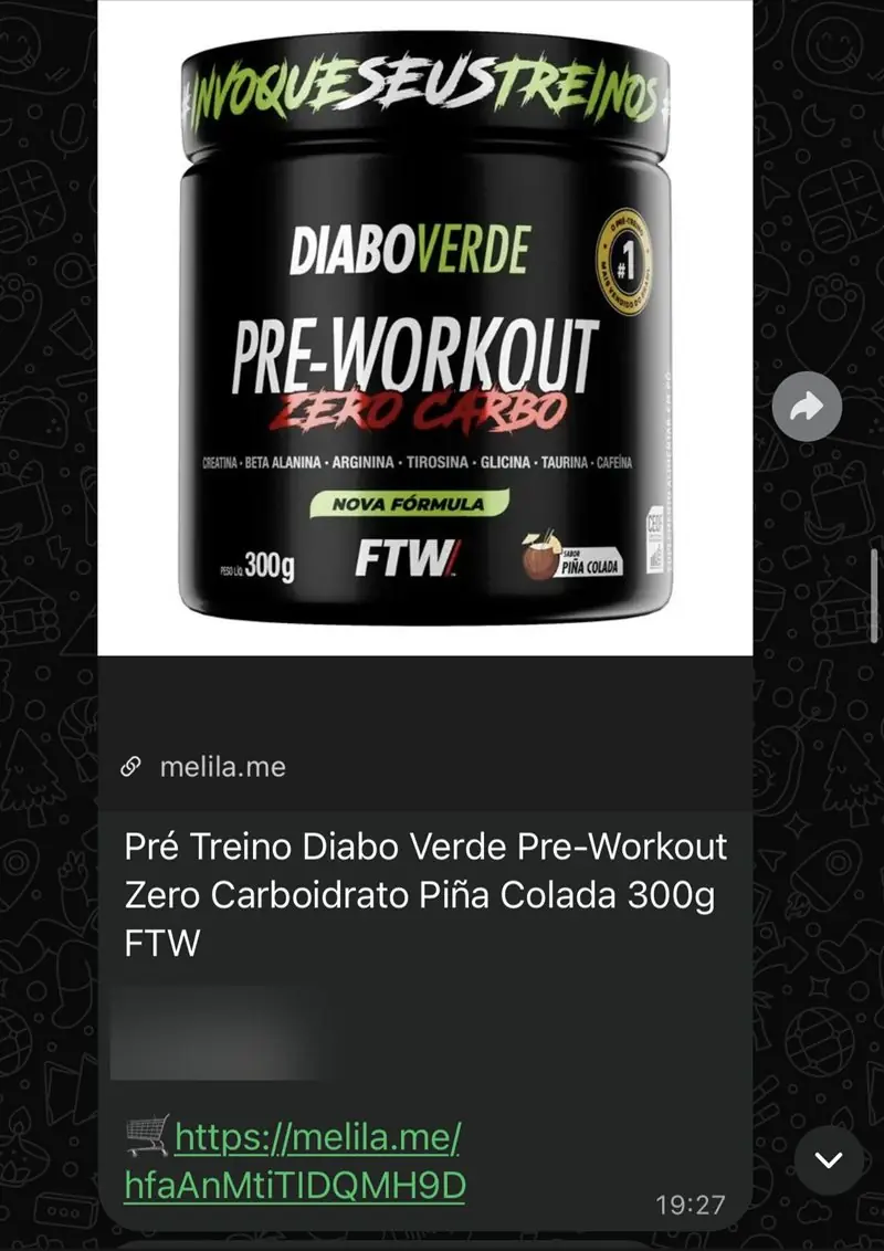 Print de oferta do grupo: Pré-treino Diabo Verde FTW 300g sabor piña colada