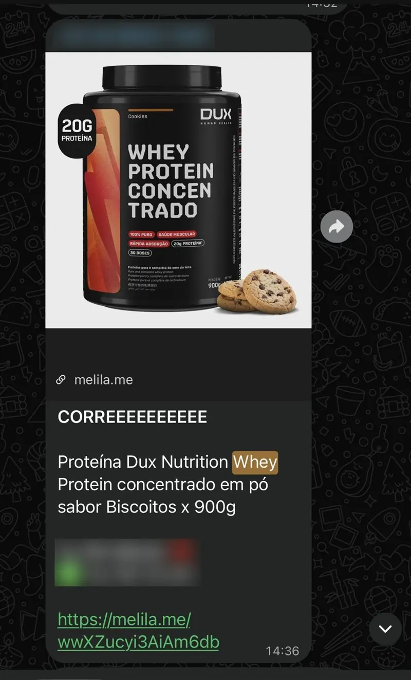 Print de oferta do grupo: Whey Protein Dux Nutrition 900g sabor cookies