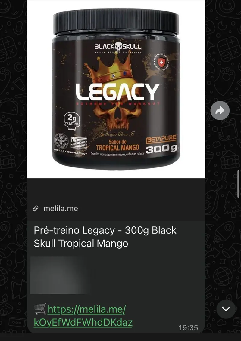 Print de oferta do grupo: Pré-treino Legacy Black Skull 300g sabor tropical mango