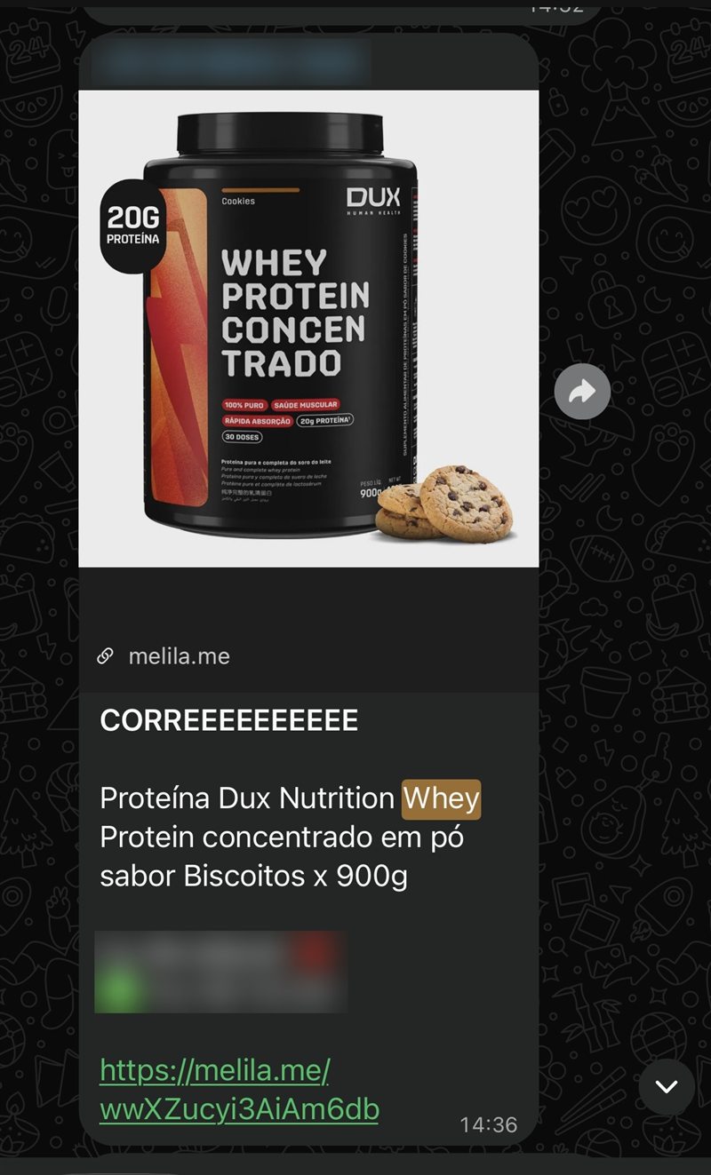 Print de oferta do grupo: Whey Protein Dux Nutrition 900g sabor cookies