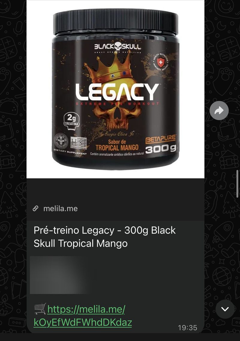 Print de oferta do grupo: Pré-treino Legacy Black Skull 300g sabor tropical mango